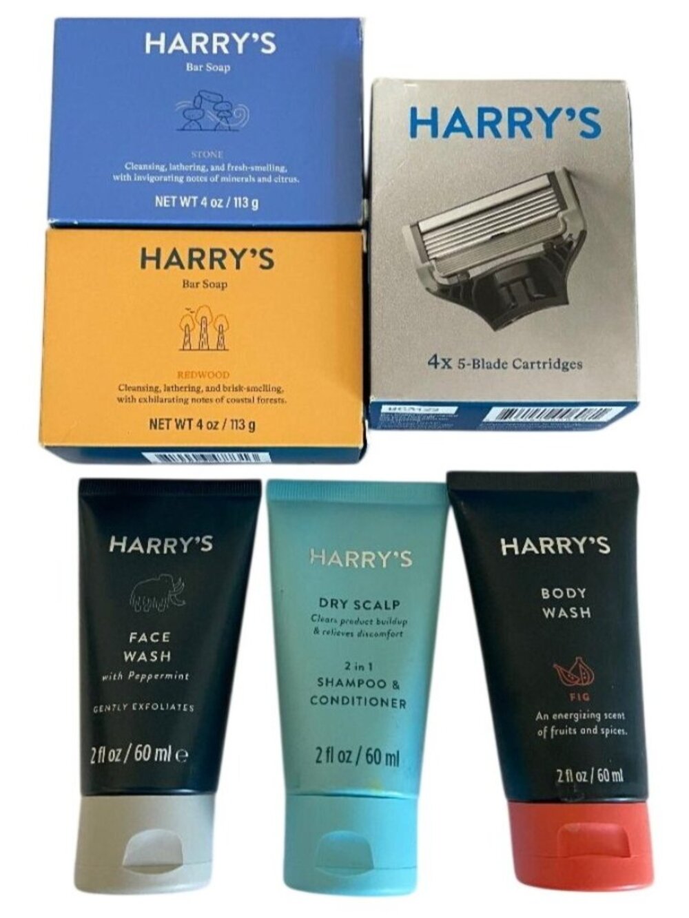 Harrys Shave Club Set 2 Bar Soap 4x 5-Blade Cartridges 2 Travel Wash 1 Dry Scalp